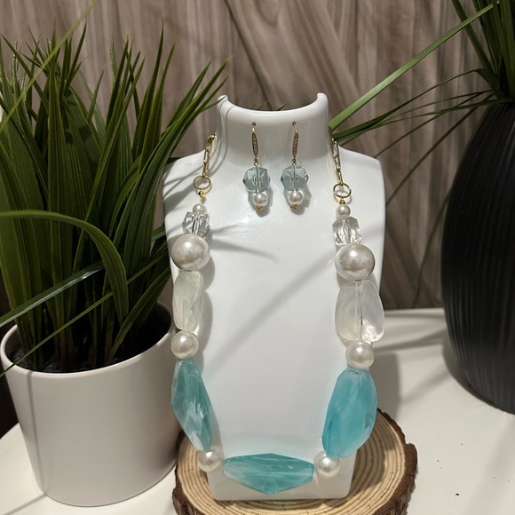Elegant Blue and White Beaded Necklace and Earring Set handmade one of a kind - Picture 1 of 1